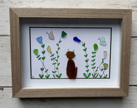 Cat & Butterflies in Garden